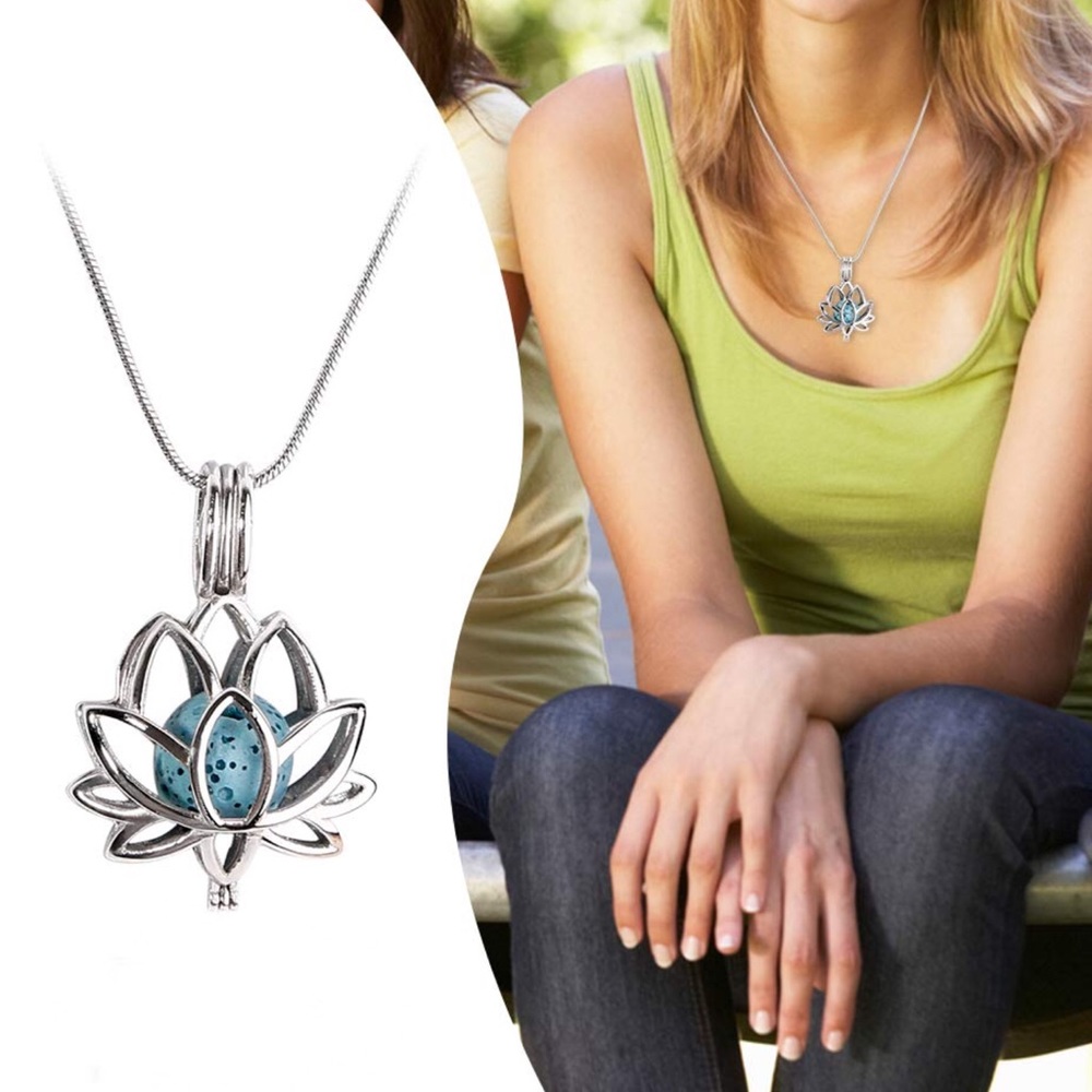 Lotus Pendant Lava Stone Aromatherapy Necklace NWT - Picture 2 of 5